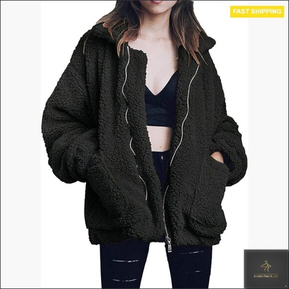 Jackets & Blazers - Oversized Faux Fur Fleece Coat Winter Warm Fuzzy Lapel Zipper Jacket Chic